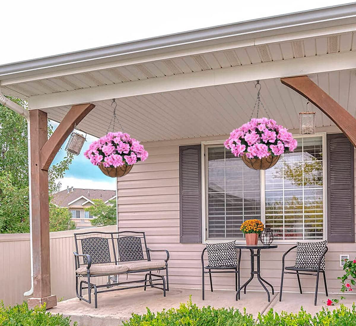 Artificial Flowers Hanging Basket for Outdoor Indoor Decor,Faux Silk Flower Arrangement,10 Branches Geranium with 12 Inch Coconut Lining Chain for Patio Decoration(Purple Orange)