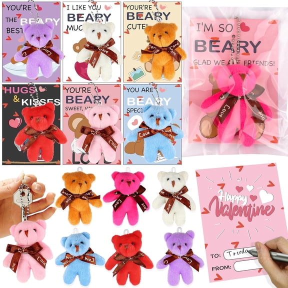 28 Pack Valentiens Day Gifts for Kids School Valentines Day Cards with Mini Bear Plush Toy Keychain, Valentines for Kids Classroom Valentines Exchange Gifts Class Valentines Party Favors for Boy Girl
