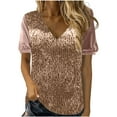 thumbnail image 2 of Feancey Today's Deals of The Day Sparkly Tops for Women Sequin Splicing Velvet T Shirts Dressy Casual Short Sleeve V Neck Glitter Blouses Spring Summer Elegant Party Tee Shirts Khaki XL, 2 of 7