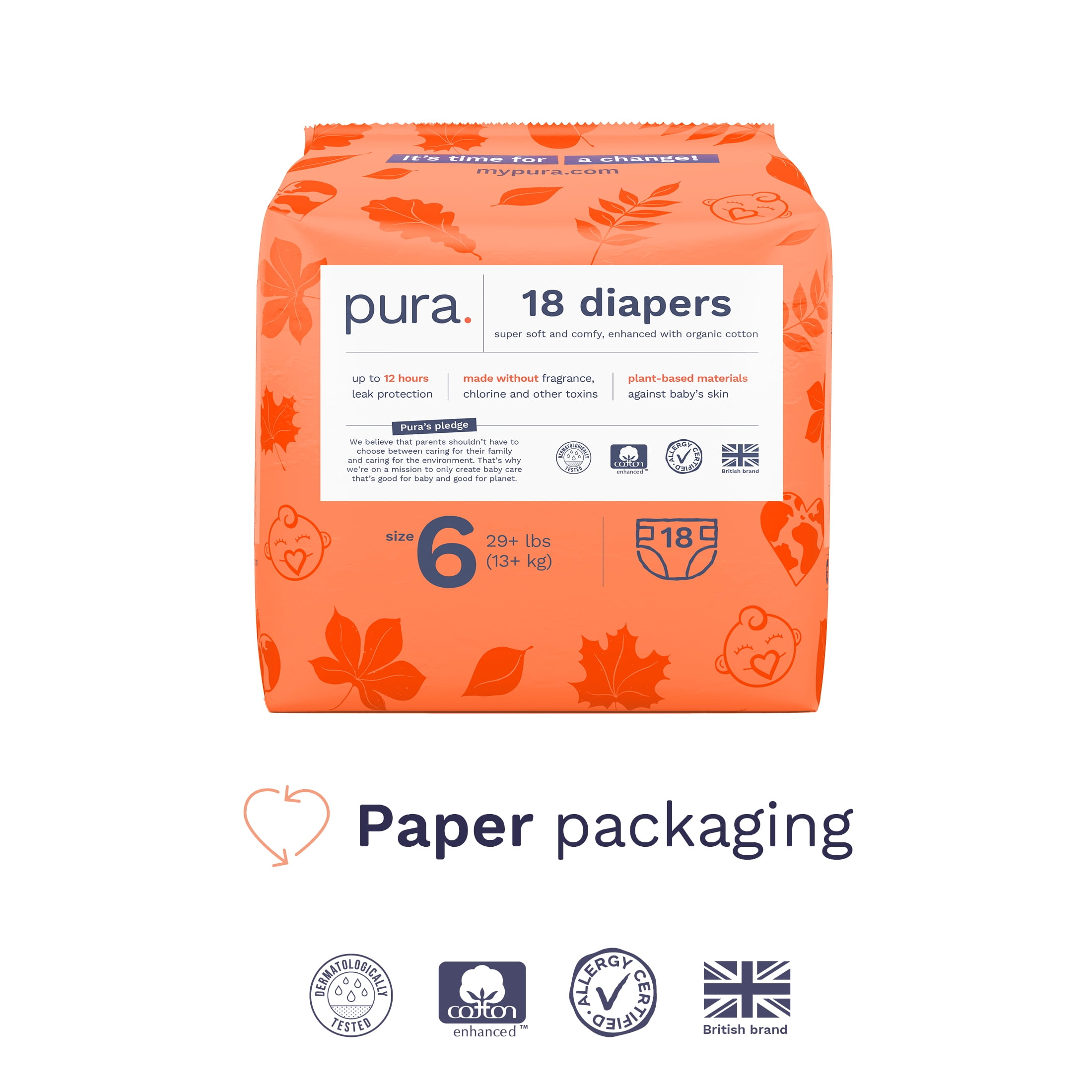 Pura Sensitive Soft Sustainable Baby Diapers Size 6, 54 Count (Choose Your Size and Count)