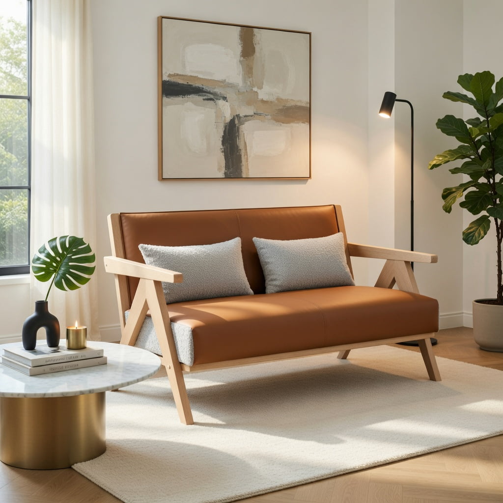 Hommoo 43" W Compact Loveseat Sofa, Chenille & Faux Leather, Rubber Wood Frame, Pocket Spring Cushion, 500 lb Capacity, Brown