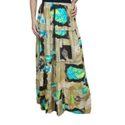Mogul Womens Maxi Long Skirt Printed Flared Rayon Bohemian Style Tiered Elastic Waist A-Line Gypsy Skirts