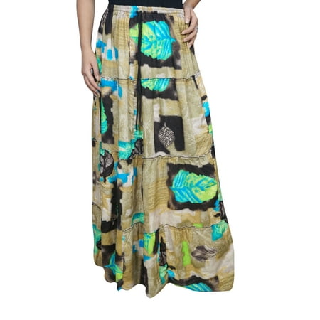 3 Tier Skirt Mogul Womens Maxi Long Skirt Printed Flared Rayon Bohemian Style Tiered Elastic Waist A-Line Gypsy Skirts ()