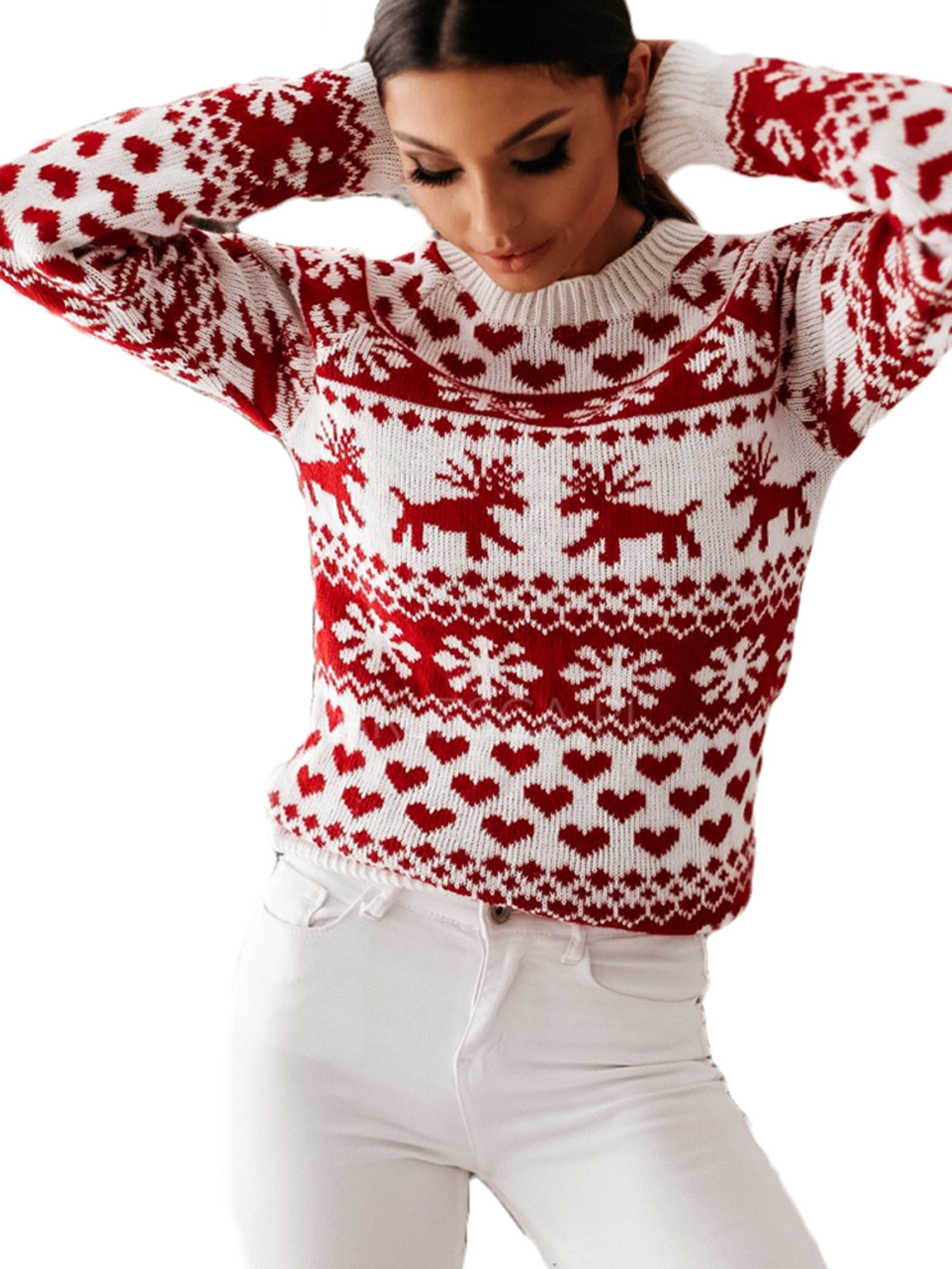 Women Ugly Christmas Sweater Vintage Reindeer Snowflakes Cute Xmas Knit Sweater Pullover Funny Long Sleeve Blouse 