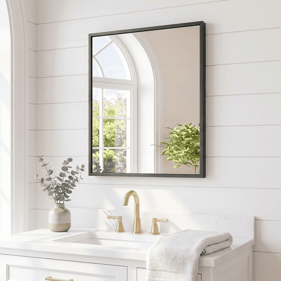 JIOABL 30"x36" Rectangular Shatterproof Tempered Glass Mirror, Aluminum Alloy Frame for Bedroom, Hallway, Living Room, Black