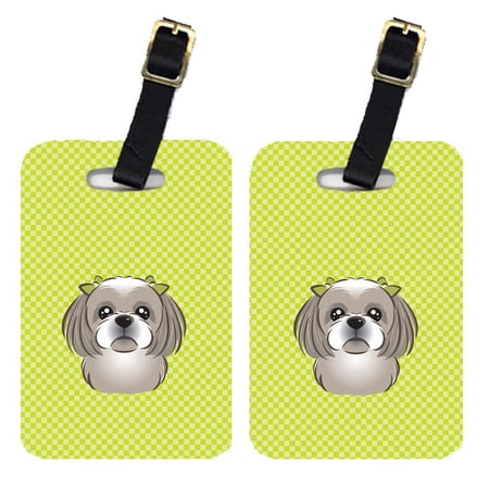 Caroline s Treasures Pair of Checkerboard Lime Green Gray Silver Shih Tzu Luggage Tags BB1312BT