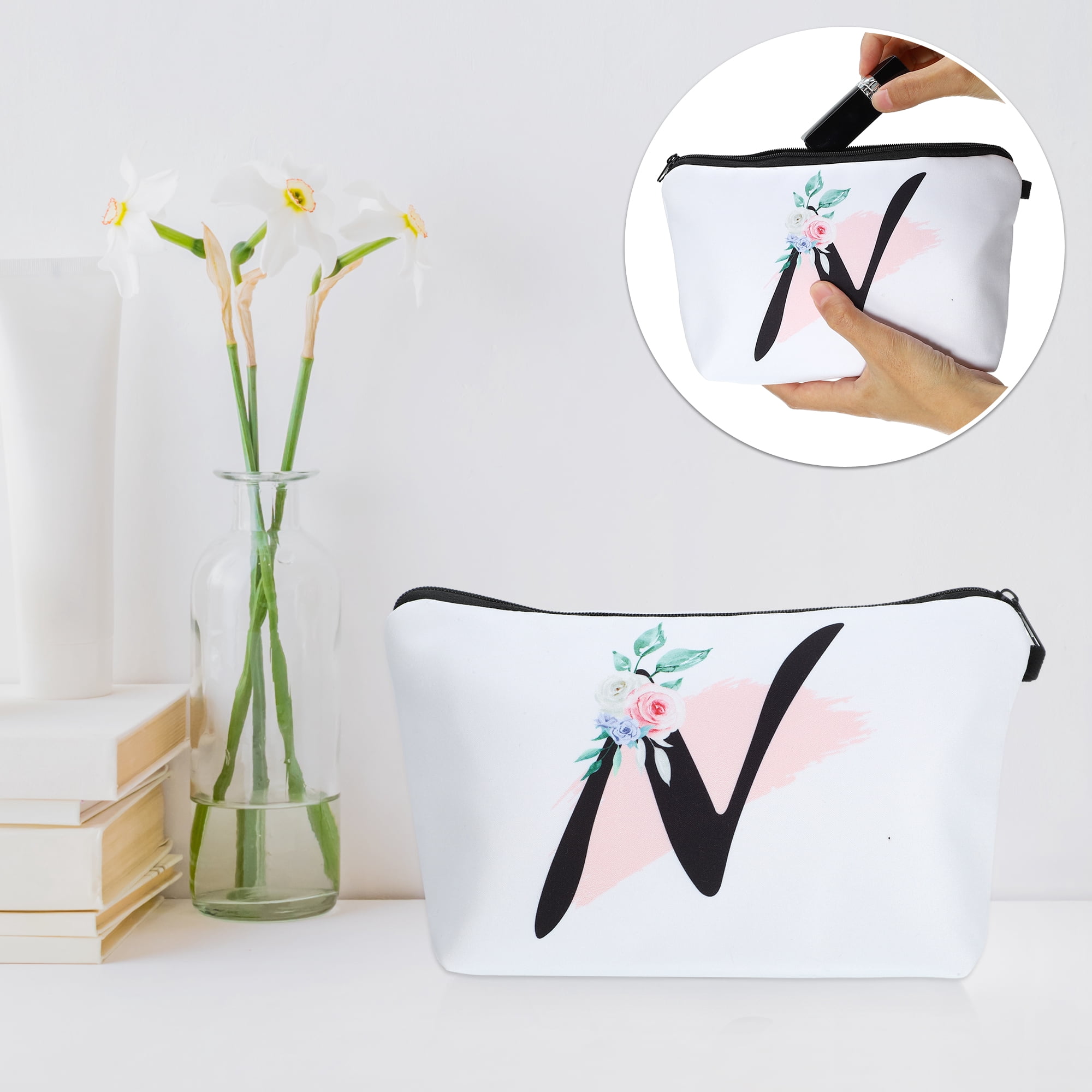 Unique Bargains Personalized Makeup Bag N Cosmetic Bag Small Monogrammed Purse White