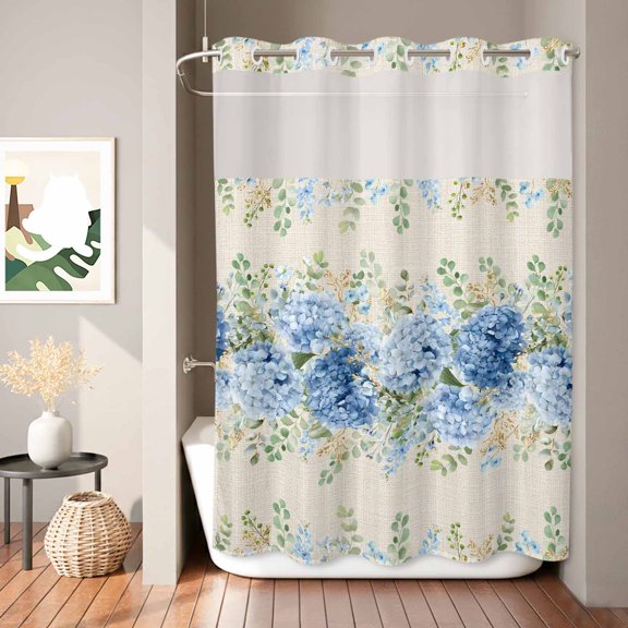 Blue Flower Shower Curtain, Summer Country Hydrangea Floral Linen Texture Waterproof No Hooks Bath Shower Curtain with See Through Top Window for Bathroom Bathtub 72x84in