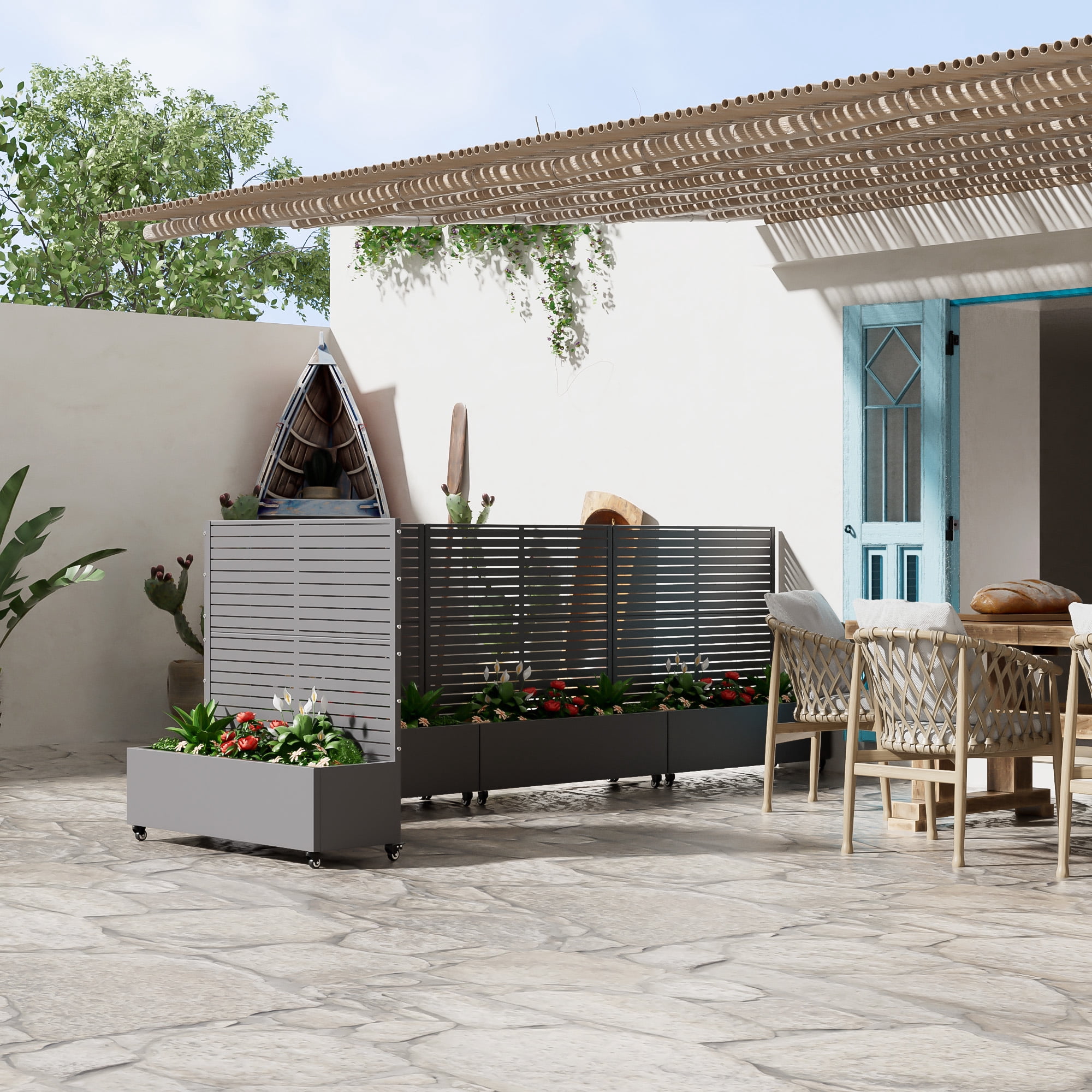 MAYEERTY 47*16*47"Outdoor Gray Metal Planter with Rect Louvered Climbing Trellis, Drainage hole & Wheels