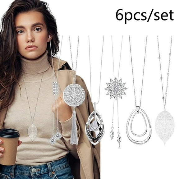 6-Piece Long Statement Necklace Set, Elegant Silver Floral & Geometric Pendant Y-Necklaces, Layering Chains for Sweaters and Daily Wear