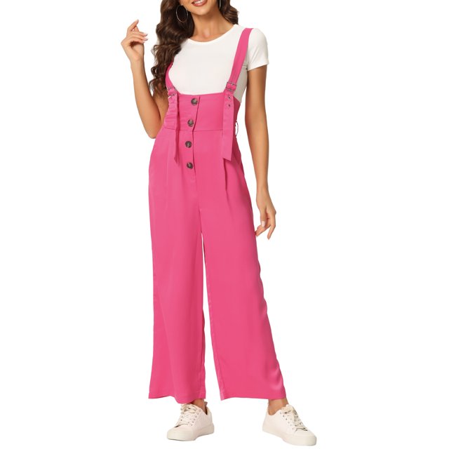 INSPIRAR CHIC Mono de tirantes con botones en la parte delantera, cintura alta y ajuste recto con cinturón para mujer, S Rojo Rosa
