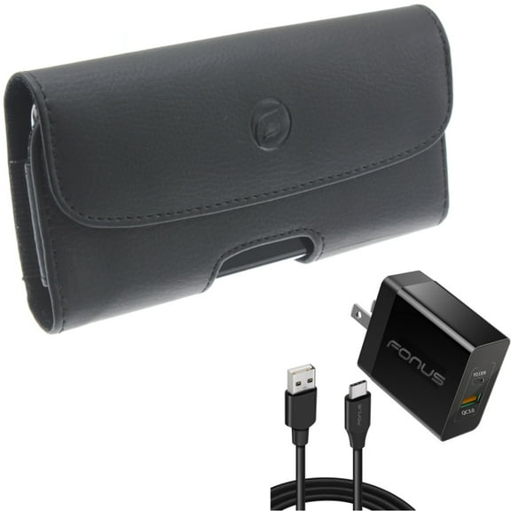Holster Leather Case Belt Clip w 6ft Long Cable Fast Type-C 36W PD Home Charger for Motorola One Zoom, Moto Z4 Z3 Play Z2 Play Force Z Force Droid, Revvlry Plus, Edge Plus, G7 G Stylus Power