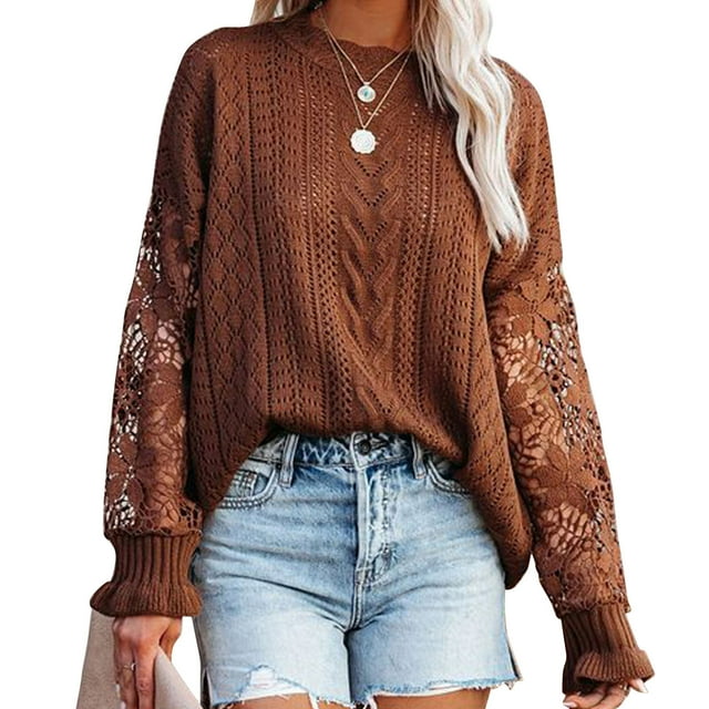 Suéter de ganchillo para mujer, cuello redondo, estampado floral, manga larga, color puro para oficina en casa, marrón S