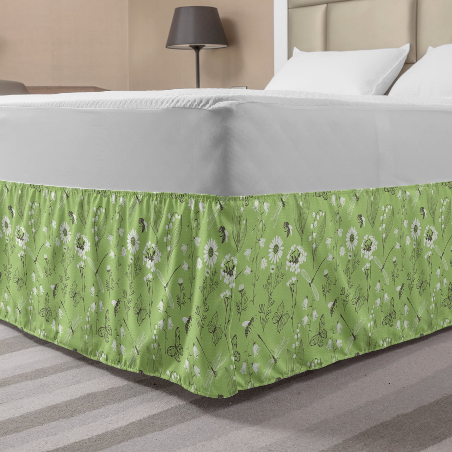 Nature Art Bed Skirt, Daisy Bees Ladybug Bluebell Buttercup Campanula