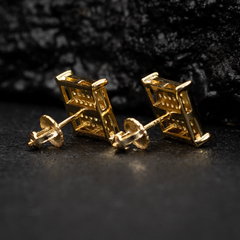 Men's 14K Yellow Gold Plated 925 Sterling Silver Canary Yellow 5A Cz Cubic Zirconia Hypoallergenic Square Flat Screen Iced Hip Hop Micro Pave Ice Out Stud 10mm Screw Back Earrings For Men
