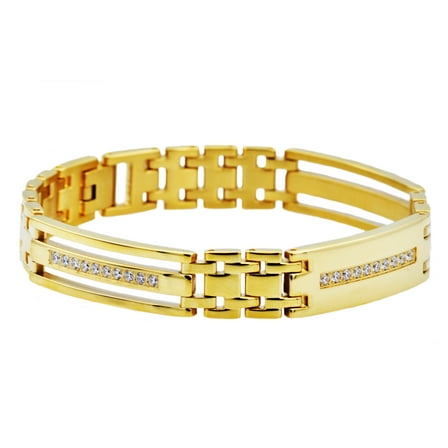 Arista Cubic Zirconia Diamonds Men's Link Bracelet in Black Plated Stainless Steel, 8.5"