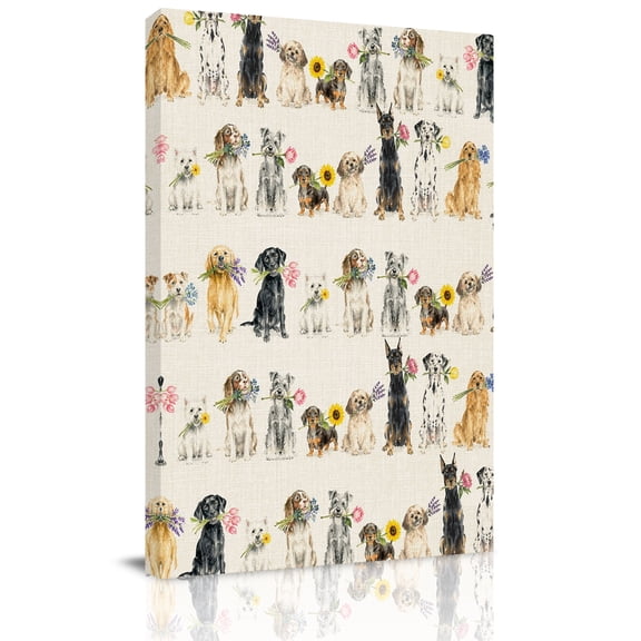 Canvas Wall Art, Dogs Floral Framed Canvas Prints for Bedroom Bathroom, Cute Farmhouse Vintage Gallery Wrapped Wall Decor for Home Office, Gifts, 11"x14" Ship Next Day