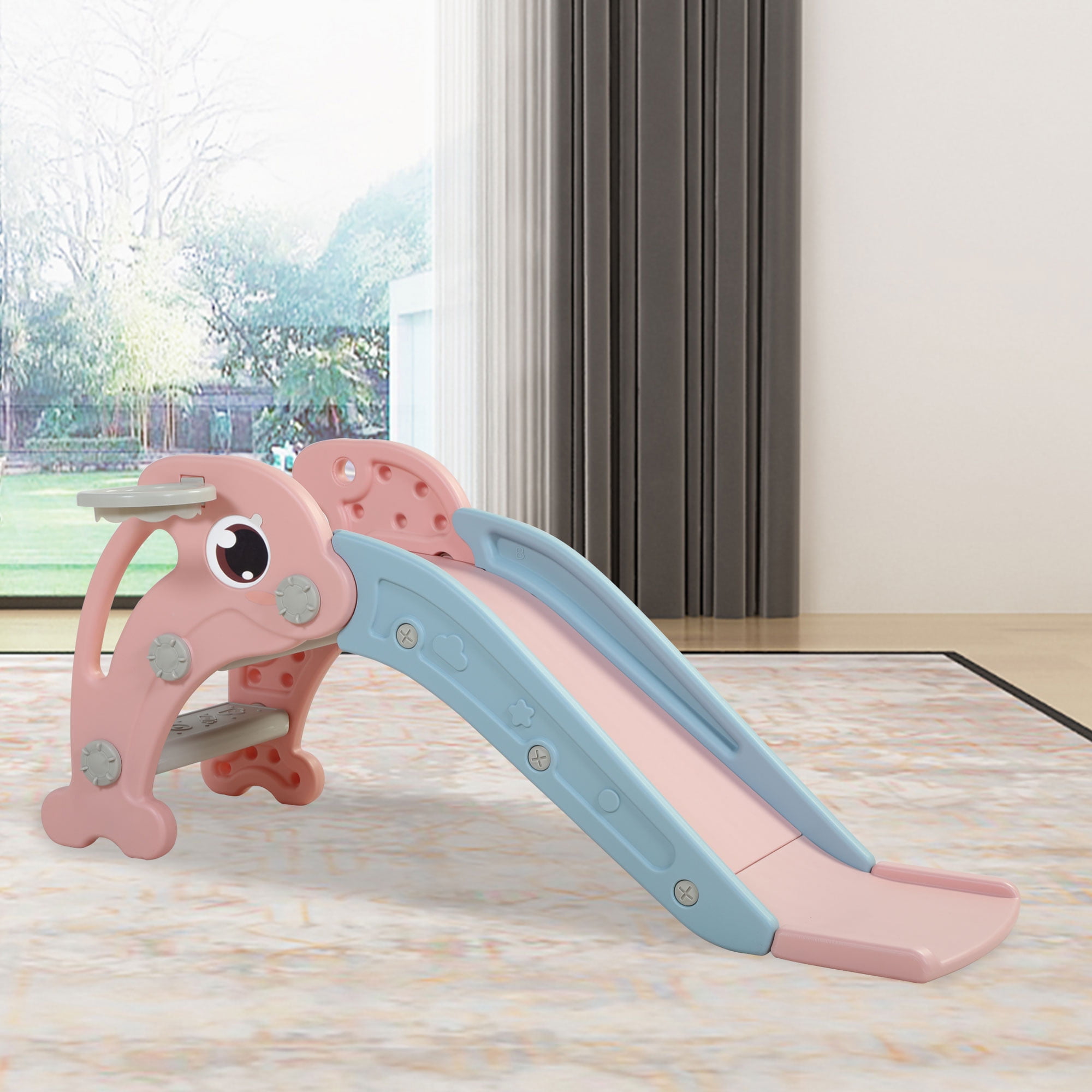 Lowestbest Slide, with Basketball Hoop and Two Cute Dolphin Handrails-Pink. Lowestbest Slide, with Basketball Hoop and Two Cute Dolphin Handrails-Pink.