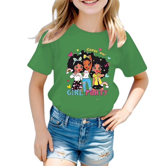 MEZZALL T-Shirt Graphique Mignon pour Filles, Col Rond, Manches Courtes, T-Shirts d'Été Décontractés, Vert, 3-4 Ans
