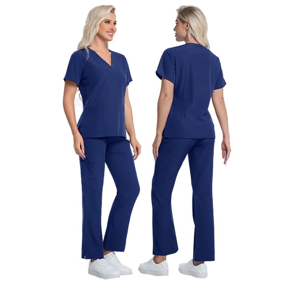 Nfurl Women's Scrubs Sets 2 Piece Short Sleeve V Neck Nursing Uniform Shirts Straight Leg Pants Nurse Uniform Scrubs Sets for Women Navy XL