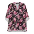 thumbnail image 3 of FKELYI Womens Faux Linen Blouse Summer Shirt V-Neck Side Slit Hem Top Vintage Pink Cherry Flower Print Beach Vacation Outfits with Rolled Cuff Sleeve Design, 4XL, 3 of 5