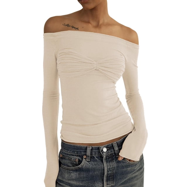 Long Sleeve Off Shoulder Top Women Elegant Pure Color Slim Fit Mesh Ruched T Shirt Blouse For Party