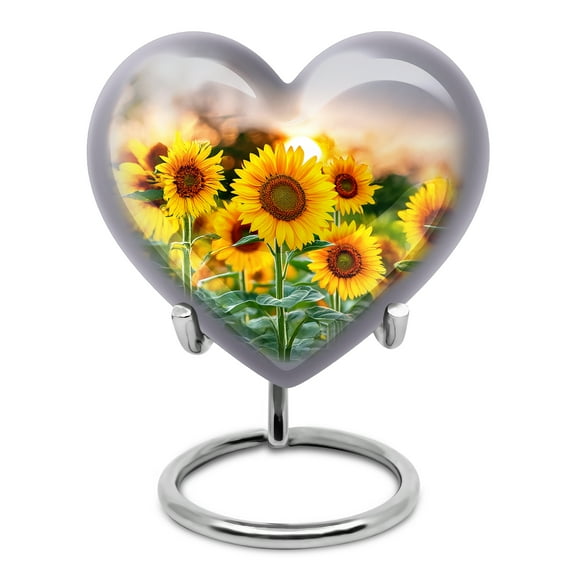 Yatskia Sunflower with Sunset Small Cremation Urns for Human Ashes Adult Male and Female, Mini Memorial Urn for Ashes for Women, (Heart Pack of 1, 3 Inch)