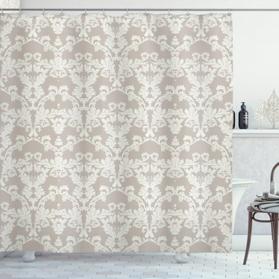 Ambesonne Taupe Shower Curtain, Damask Nature, 69"Wx75"L, Taupe and White