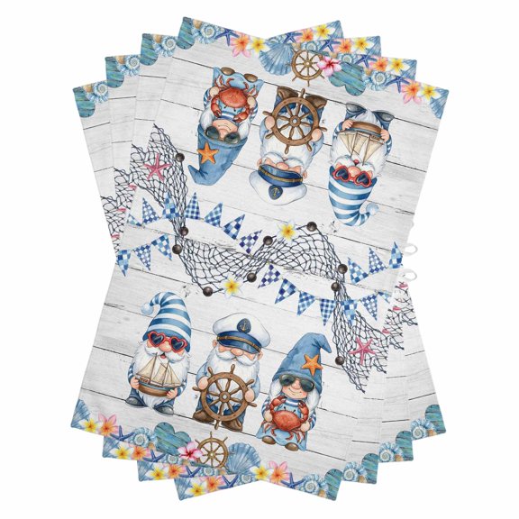 Summer Gnomes Nautical Kitchen Towels Set of 4, Water Absorbent Dish Towel, Blue Coastal Grey Wooden Decorative Hand Towels - Quick Drying Cloth for Cooking Baking, 18x28 Inch