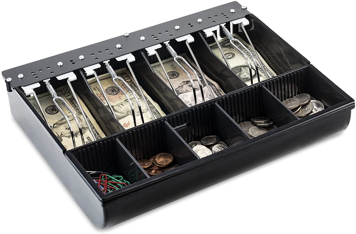 Money Tray Cash Register Drawer Insert Tray Money Storage Box Coin and Bill Register Tray 4 Bills 3 Coins Money Storage Case with Metal Clip