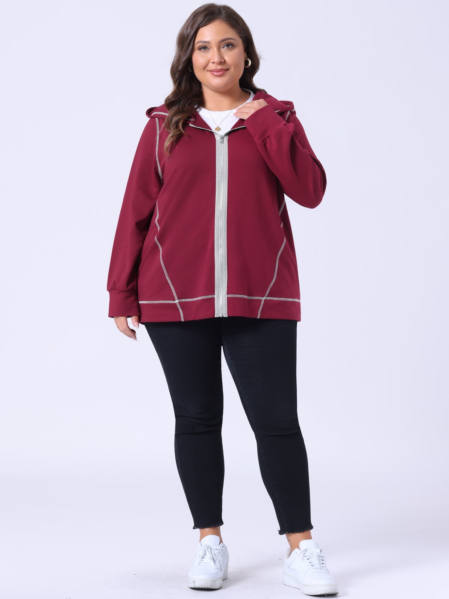 Unique Bargains Women's Plus Size Fleece Jacket Zip Front Hoodie 2X Burgundy