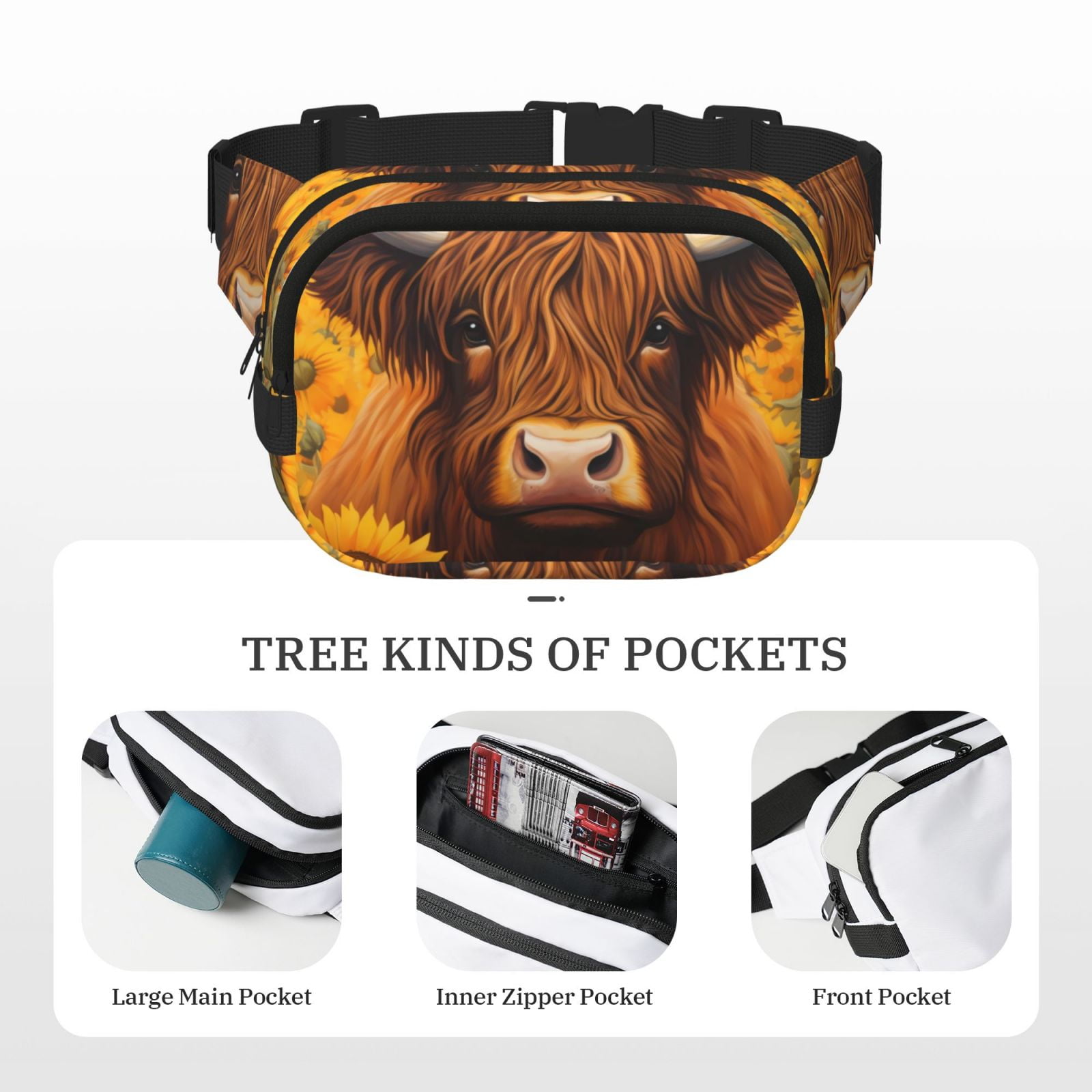 Picia Countryside Sunflower Cow Print Square Double-Layer Waist Bag Mini Adjustable Waist Belt Bag Exercise Running Travel Hiking