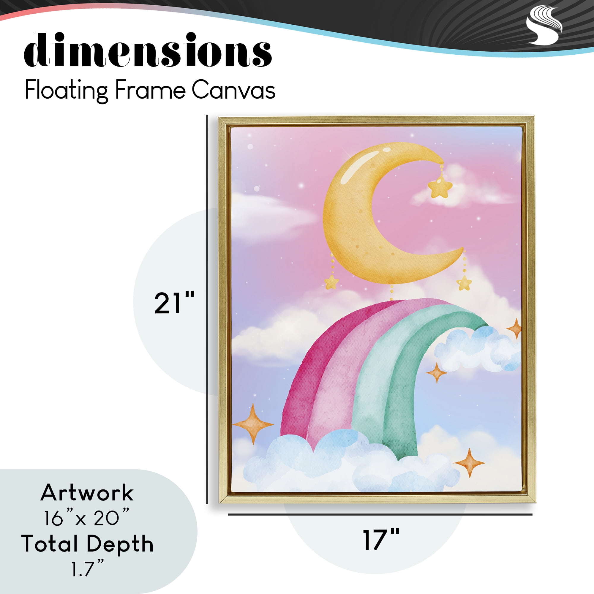 Moon Rainbow in Clouds Gold Framed Floater Canvas Wall Art, design by Jesse Keith