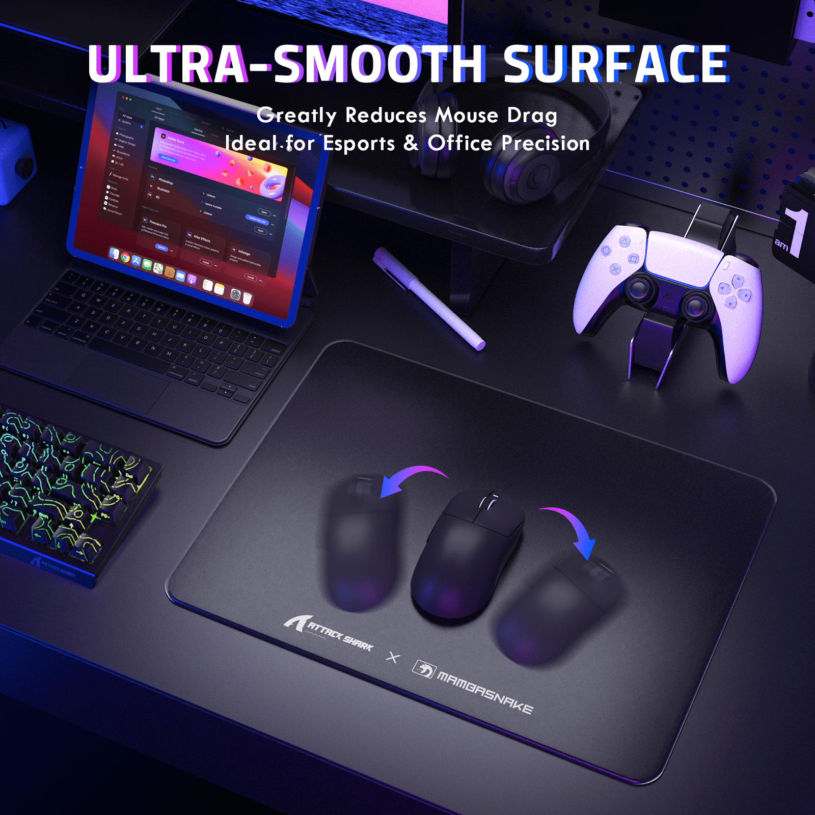 ATTACK SHARK CM05SE Glass Gaming Mouse Pad,16.14x12.20 in Tempered Glass Hard Mouse Pad with Nano-Textured Surface, Non-Slip PU Leather Base,9H Scratch Resistant Large Mouse Mat for FPS &PC Gaming