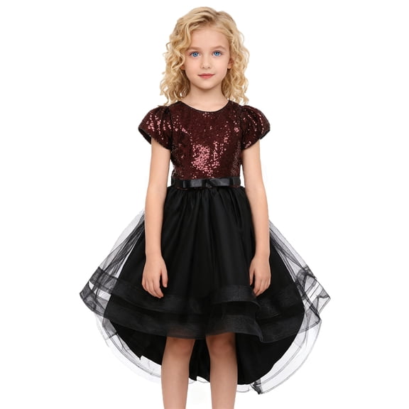 XUELUO Big Girls Dress Short Sleeve Sequin & Black Asymmetrical Hem Bow Belt Tulle Skirts Party Gown For Holiday Birthdays