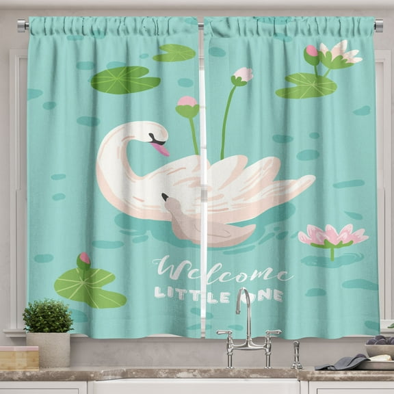 Ambesonne Saying Kitchen Curtains, Swan Welcoming, 55"x39", Lime Green Pale Eggshell