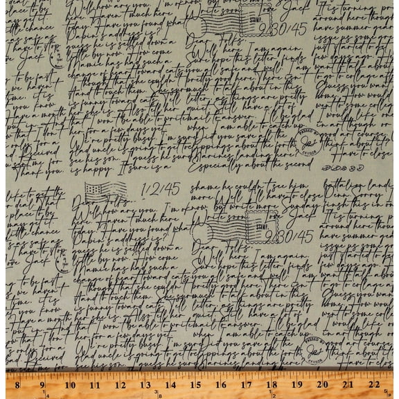 Cotton Art Journal Writing Scripts Words Journals Diaries Stamps Cursive Signatures Gray Cotton Fabric Print by the Yard (C13034)
