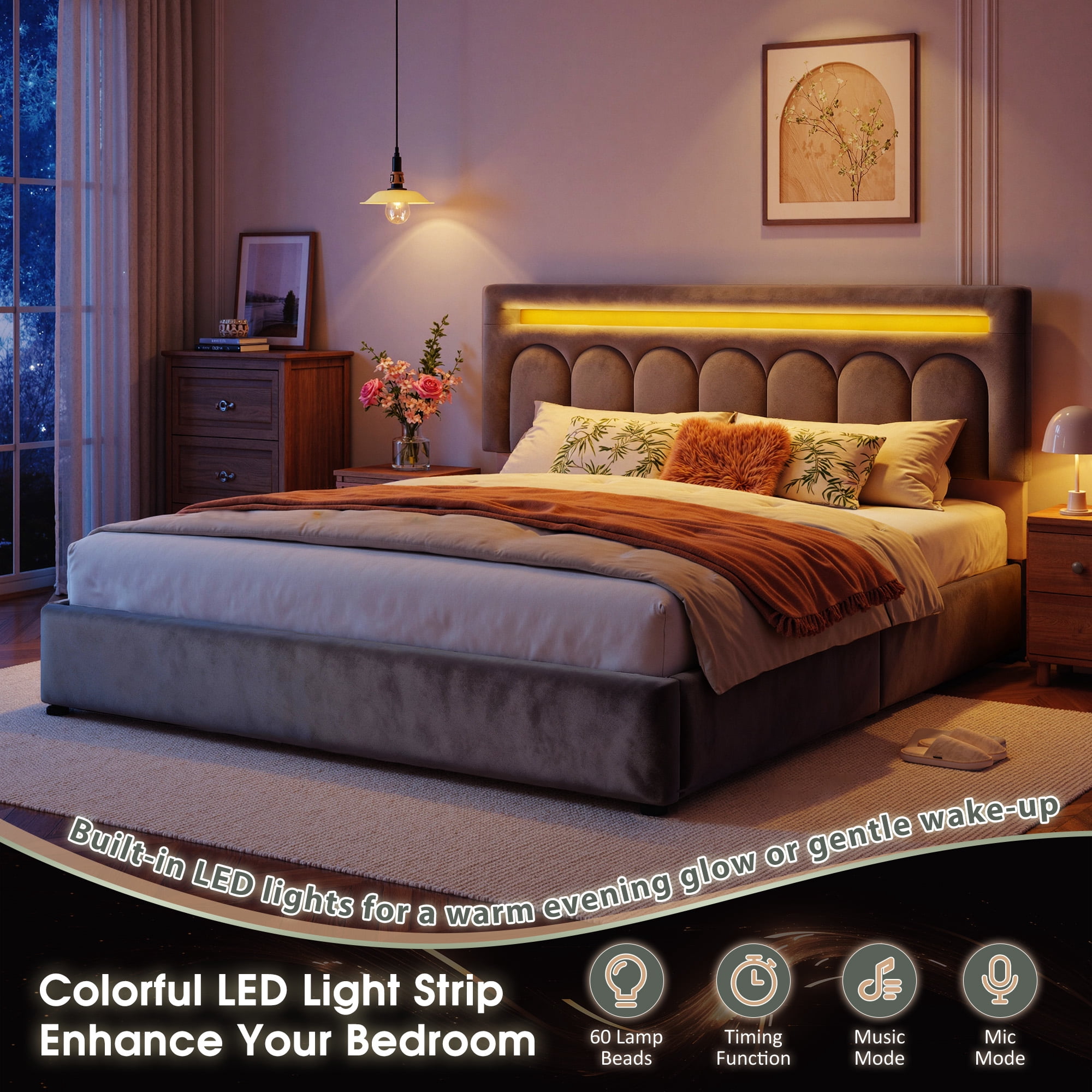EnHomee Upholstered Bed Frame with 4 Storage Drawers King Size Bed Frame with Headboard & LED Light,Gray