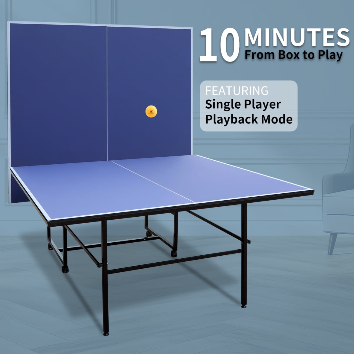 9FT Portable Ping Pong Table, Mid-Size Foldable Table Tennis Table Set with Net,  2 Paddles and 3 Balls, Table Tennis Table for Kids Family Holiday Sports, Blue