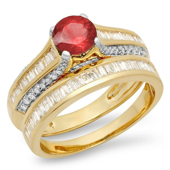 Dazzlingrock Collection 14K Round & Baguette Cut Ruby & White Diamond Bridal Engagement Ring Set, Yellow Gold, Size 8