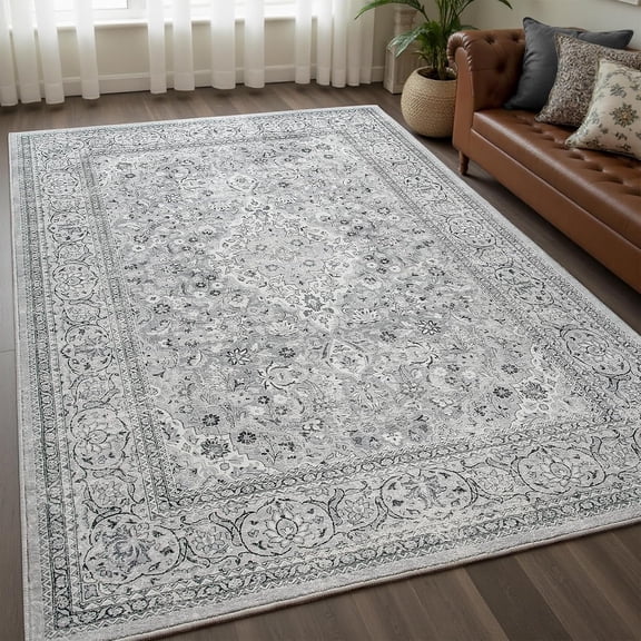 Washable 4 ft x 6 ft Grey Low Pile Non-Slip Area Rug with Rubber Backing