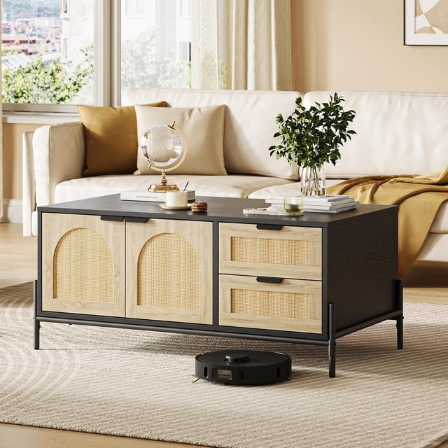 Qinaqin Rattan Coffee Mesa con LE cm de Profundidad Lights Mid-Century Moderno 2 Almacenamiento Cajones y Arched Puerta Farmhouse para Living Sala Oak Negro