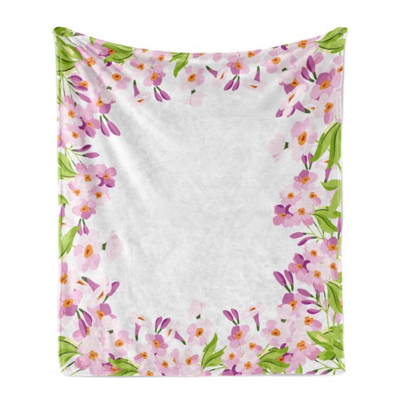 Shabby Flora Soft Flannel Fleece Blanket, Floral Frame with Pink Meadow Flowers in Spring Foliage Blooms Nature Ornate, Cozy Plush for Indoor and Outdoor Use, 50" x 70", Multicolor, by Ambesonne