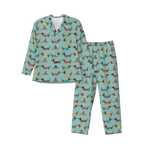 Balery Dachshund Dog Puppy Pijama para Hombre de Dos Piezas con Manga Larga, Conjunto de Dormir y Descanso Suave con Bolsillos-XX-Large
