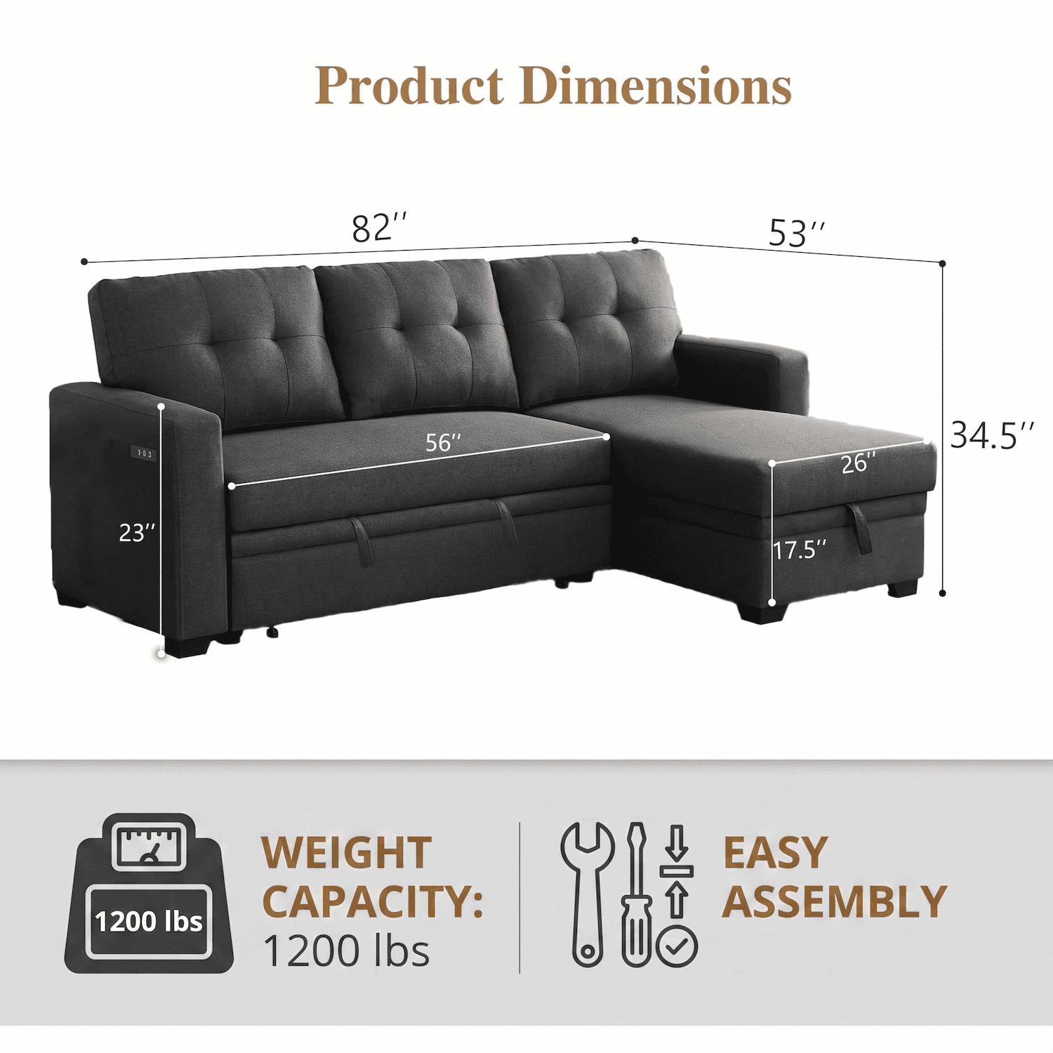 TiramisuBest Convertible Sofa Bed Couches for Living Room, 82" Sleeper Sofa with Pull Out Couch Bed, Linen Fabric L Shape Sectional Couch with Reversible Storage Chaise, USB Charging (Dark Gray)