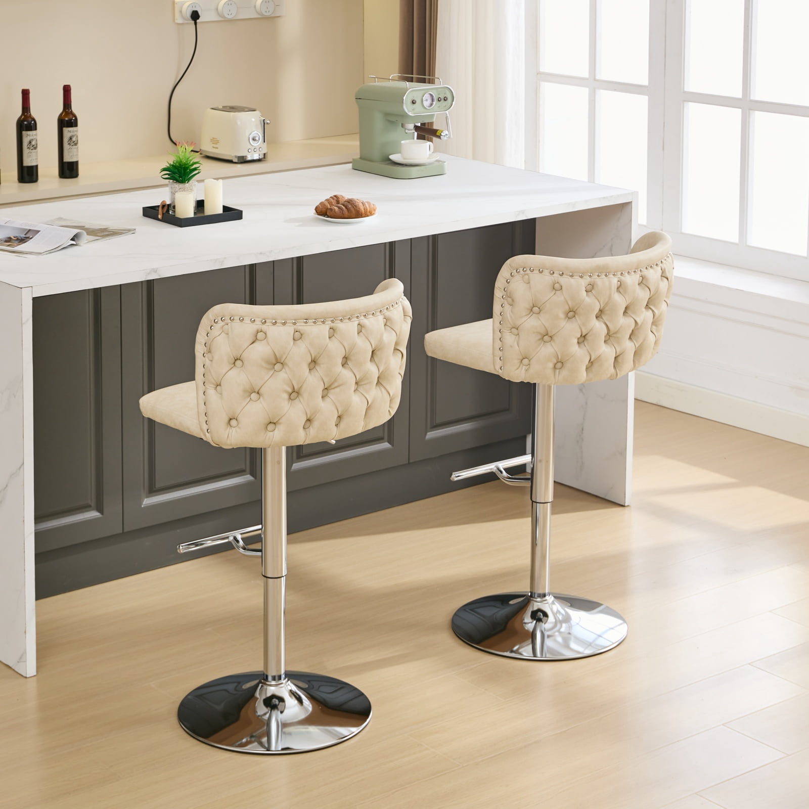 DONICK Swivel Counter Height Barstools,Upholstered Bar Stools Adjustable Height Nailhead Button Tufted Kitchen Island (PU,Cream,Set of 6)