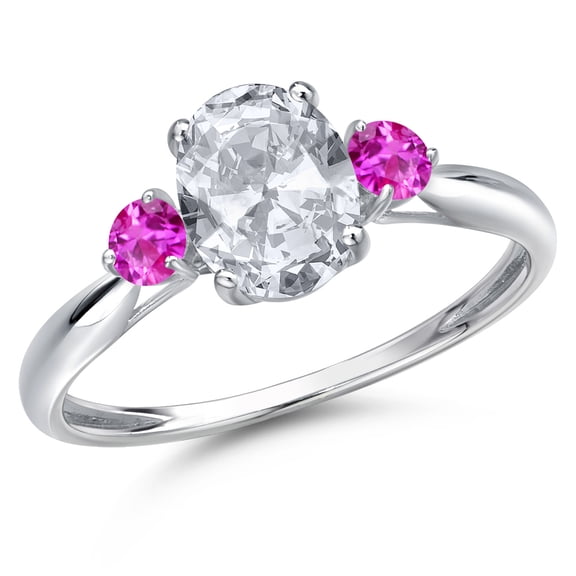 Gem Stone King 10K White Gold White Topaz and Pink Sapphire 3-Stone Ring for Women | 1.77 Cttw | Oval 8X6MM | Gemstone November Birthstone | Size 9