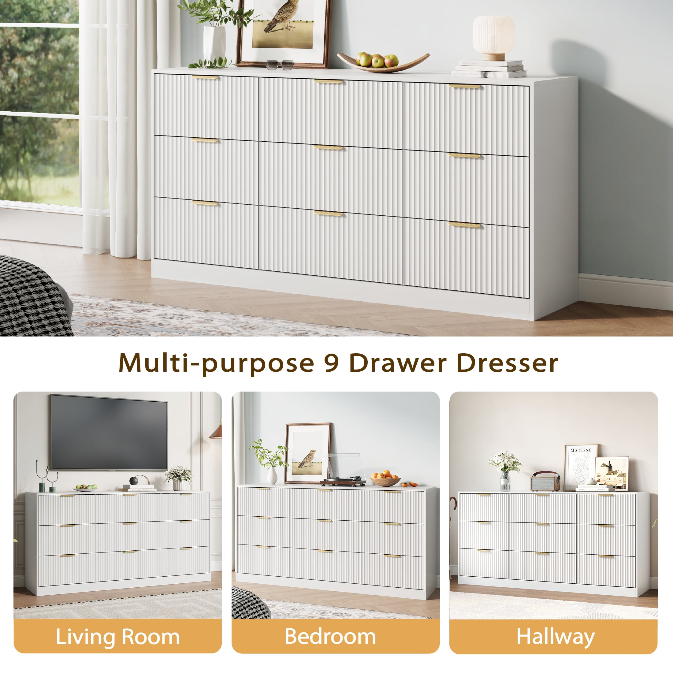 YouTrend White 9 Drawer Dresser for Bedroom,Modern Adult Fluted Wood Chest of Drawer with Golden Embedded Handles for Living Room,Hallway