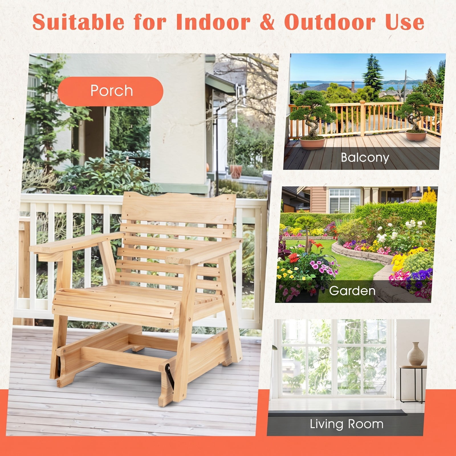 Furnibear Outdoor Wood Rocking Chair with High Back and Widened Armrests for Patio, Front Porch, Deck and Backyard, Natural