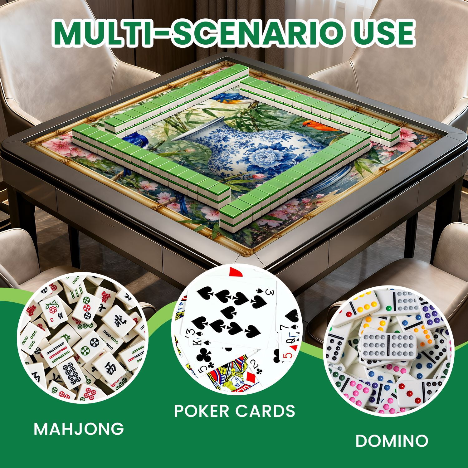 Mahjong Mat 31.5" x 31.5" Blue Red Birds Floral Vase Bamboo Botanical Art Style Non-Slip Noise Reduction Mahjong Tiles Table Cover for Dominoes Poker Card Board and Tile Games